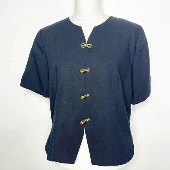 Heury Lee Black Vintage Short Sleeve Blouse Bow Button Size 12 NWT - Picture 3 of 9